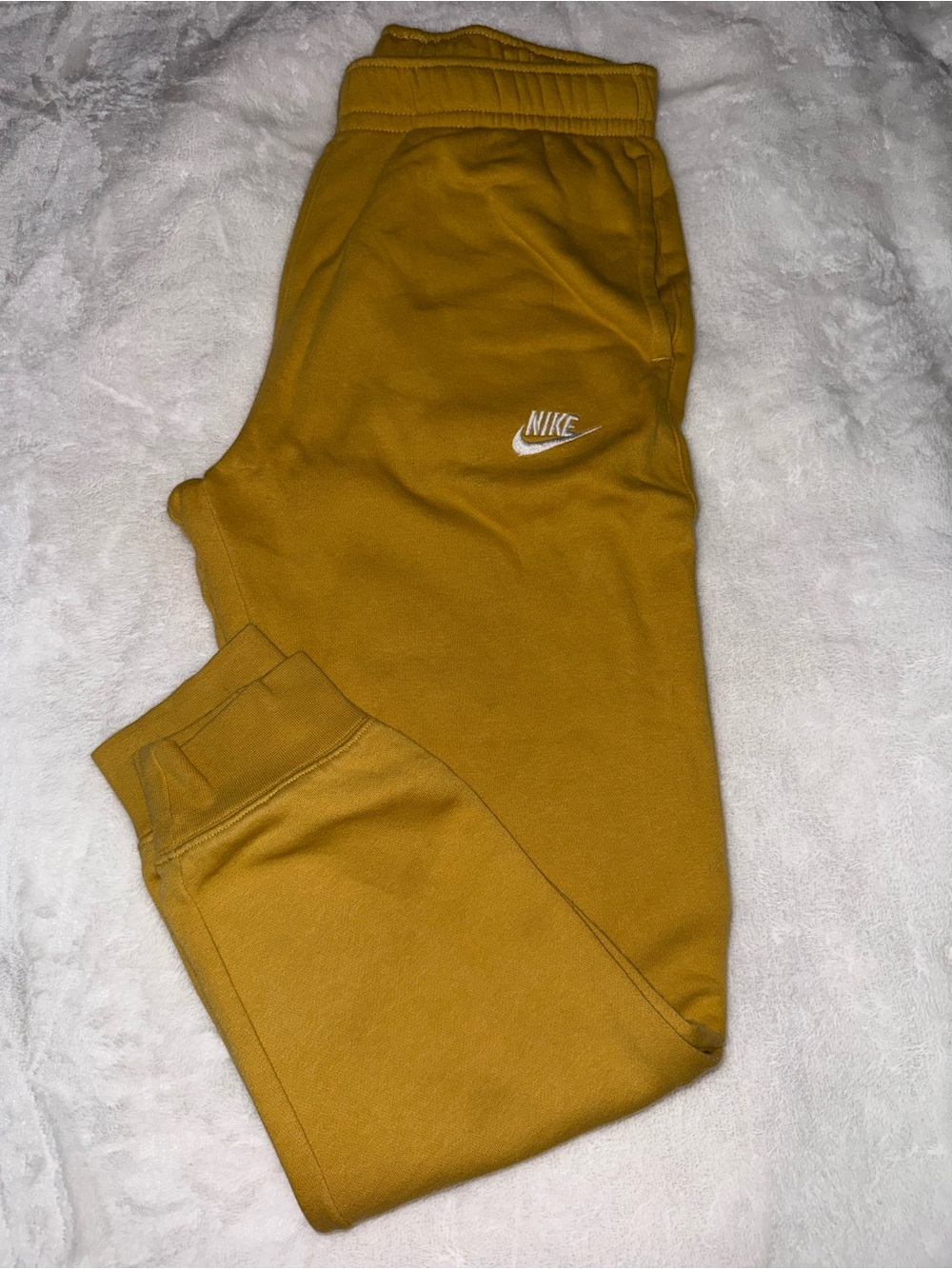 Nike Mustard Yellow Men's Fleece Joggers with White Swoosh